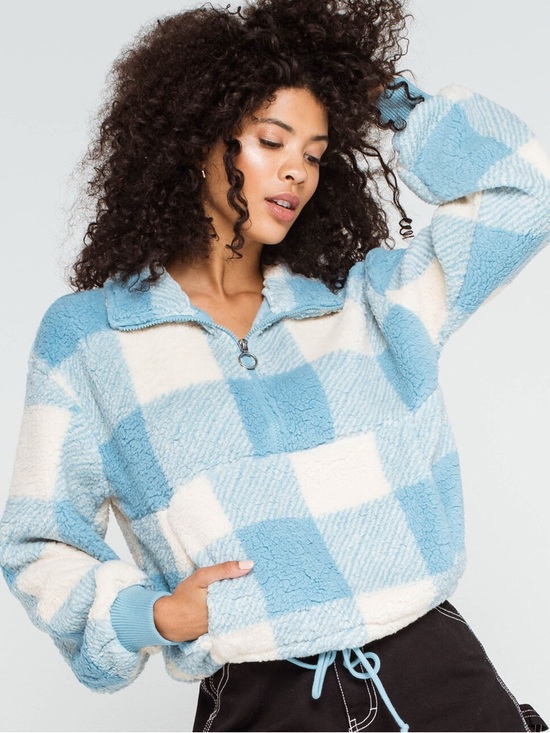 Billabong Sweaters - Billabong Blue Cream Buffalo Plaid Sherpa Half Zip Pullover Size Medium